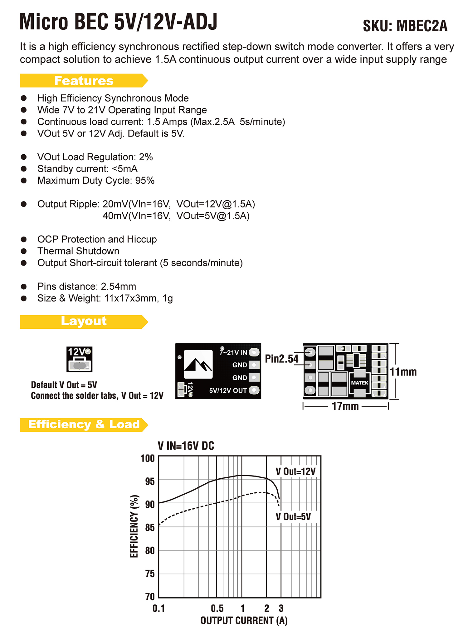 Matek Micro BEC 7-21V TO 5V/12V-1.5A 5