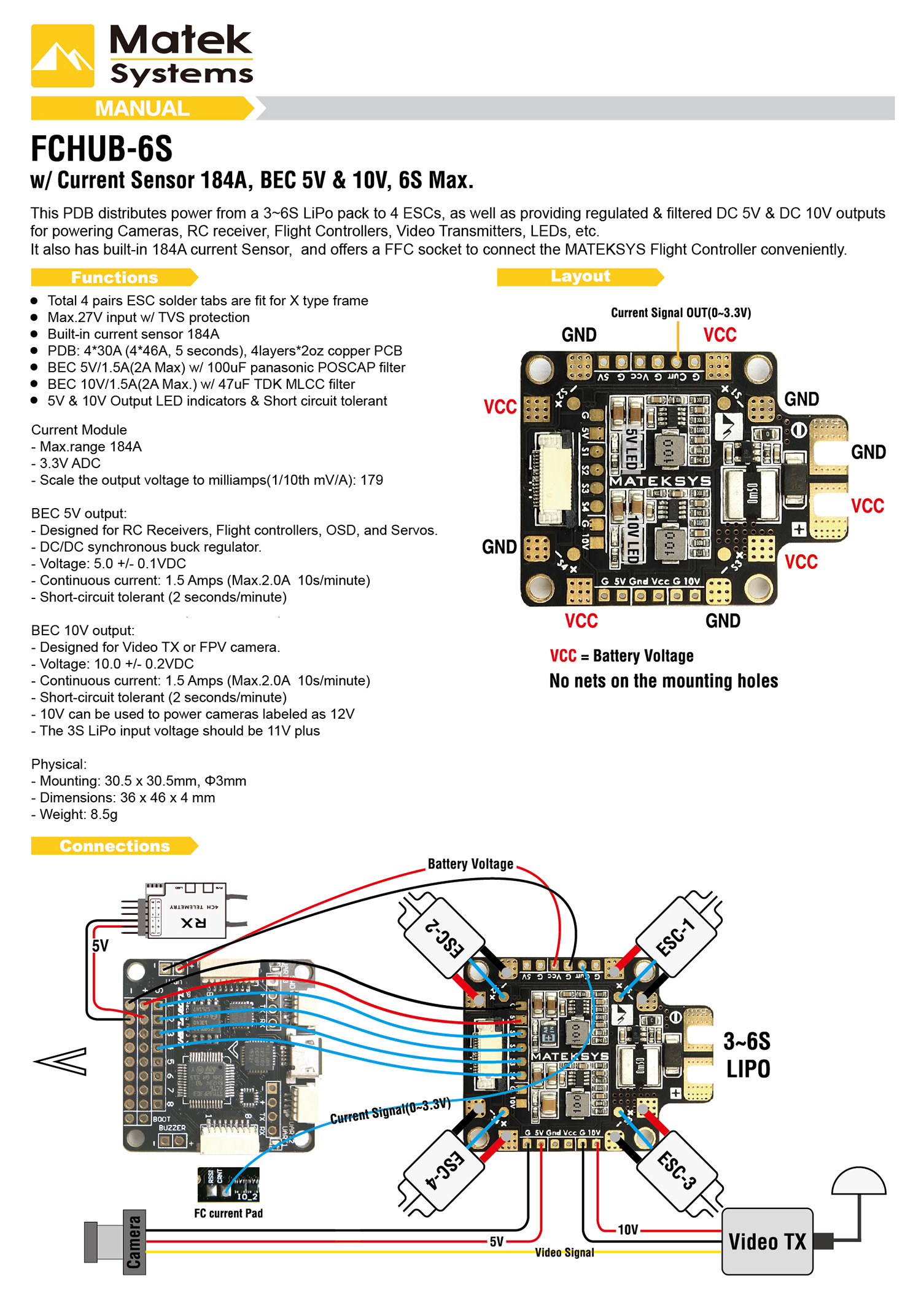 MATEK FCHUB-6S W/ CURRENT SENSOR 184A, BEC 5V and 10V 6